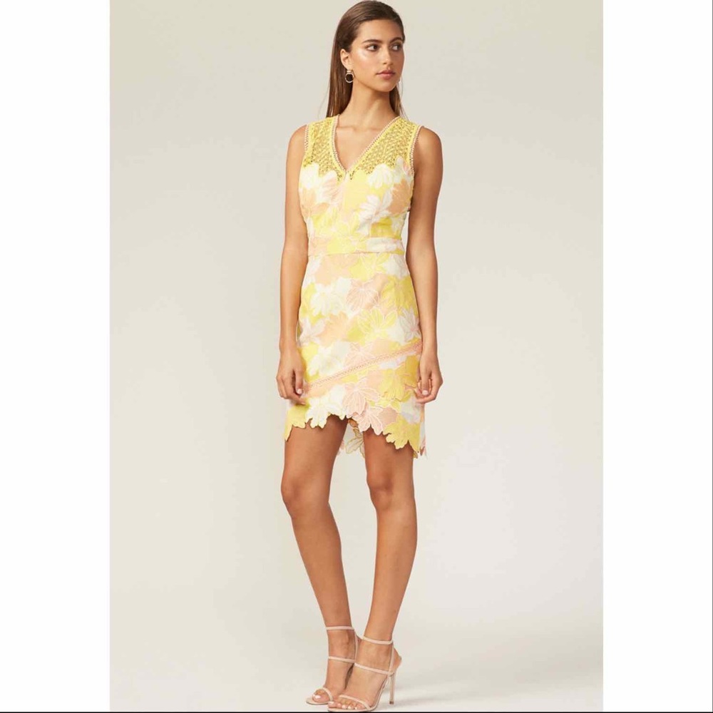 Adelyn Rae Yellow and Pink Floral Asymmetrical Lace Dress
